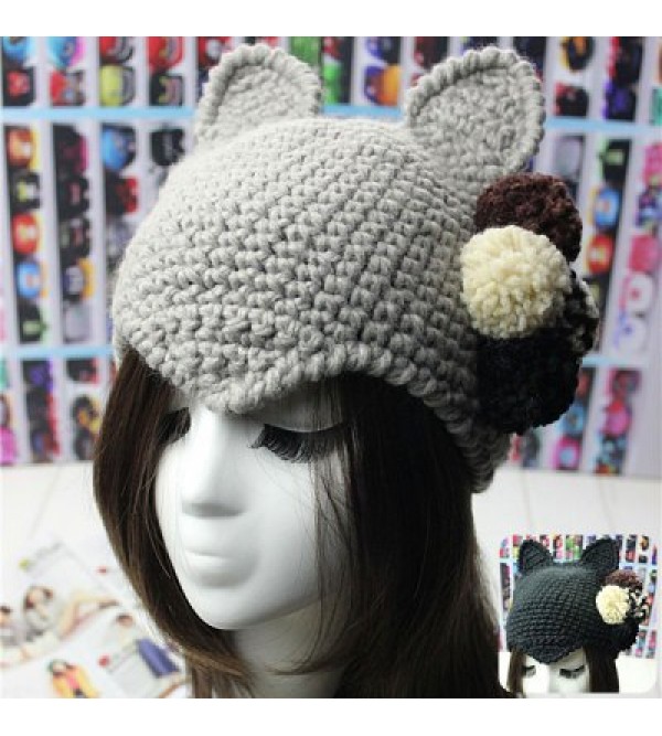 Female Thick Cat Ears Pattern Knitted Beanies Hat Knit Cap with Knitting Ball