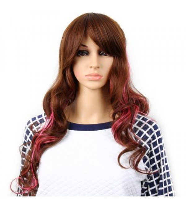 Highlight Women Curly Long Hair Periwig Hairpiece Wig with Fringe  -  Brown and Pink
