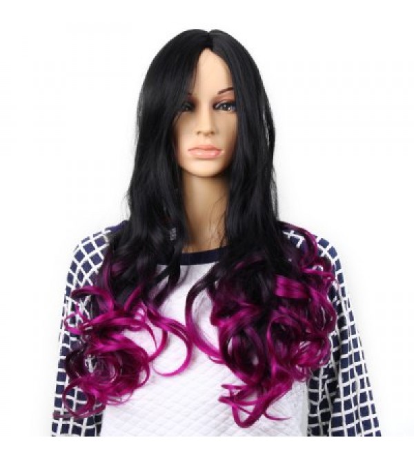 Highlight Women Curl Hair Periwig Hairpiece Wig  -  Black and Purple