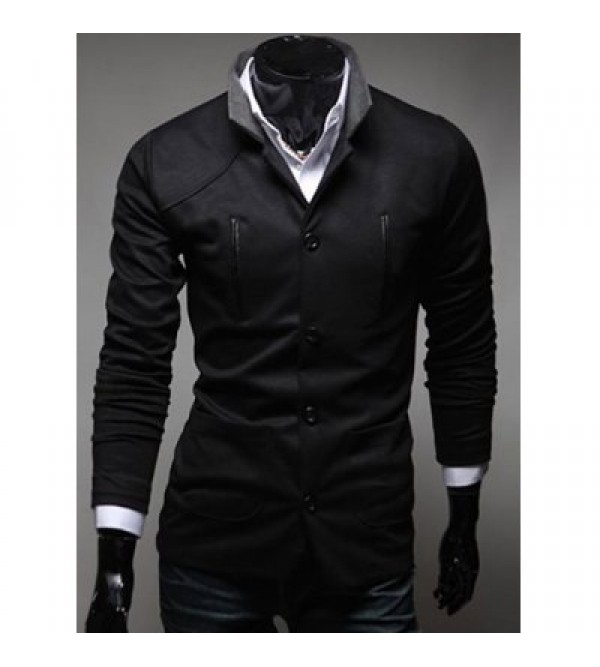 Stylish Stand Collar Slimming Color Splicing Pocket Design Long Sleeve Polyester Blazer For Men