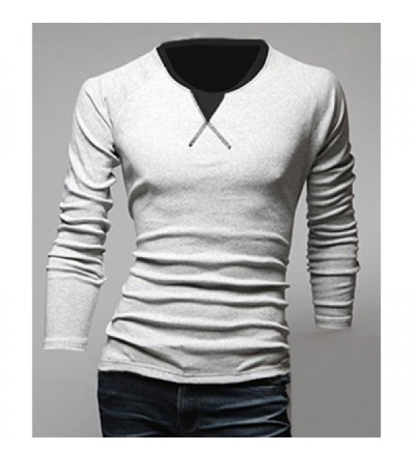 Classic Color Block Triangle Pattern Slimming Round Neck Long Sleeves Men's Linen Blended T-Shir