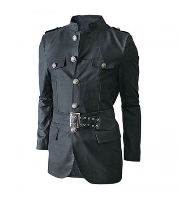 Multi-Pocket Epaulet and Belt Design Stand Collar Long Sleeves Jacket For Men
