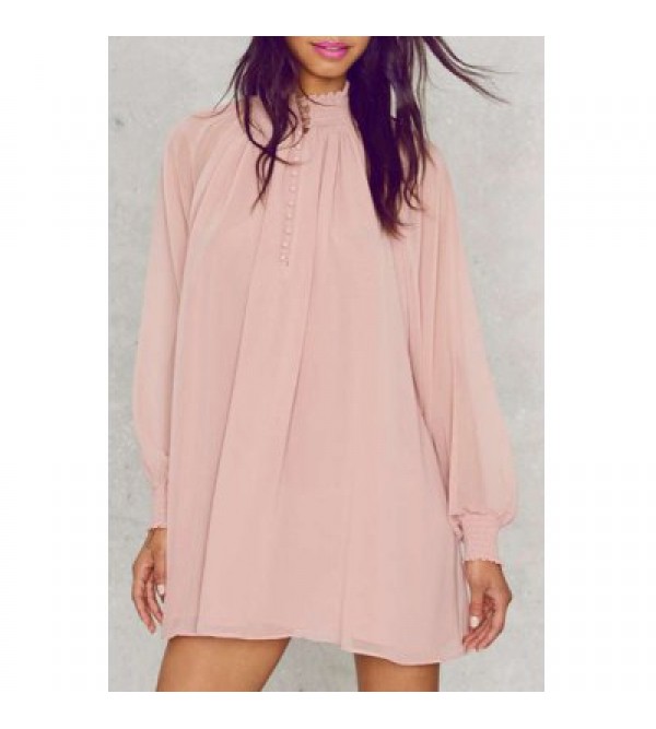 Sexy Stand Collar Puff Sleeve See-Through Dress For Women