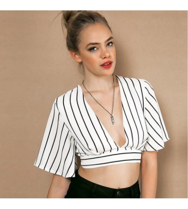 Sexy Plunging Neck Short Flare Sleeve Back Zipper Bowknot Lace-up Patchwork Women Crop Top