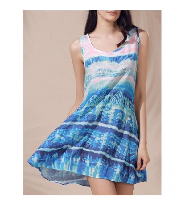 Casual Scoop Neck Printed Sleeveless Sun Dress For Women
