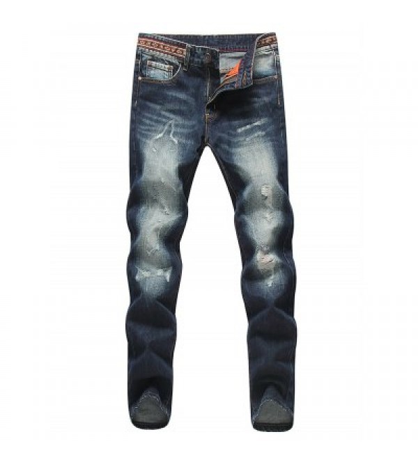 Modish Straight Leg Bleach Wash Zipper Fly Men's Ripped Jeans