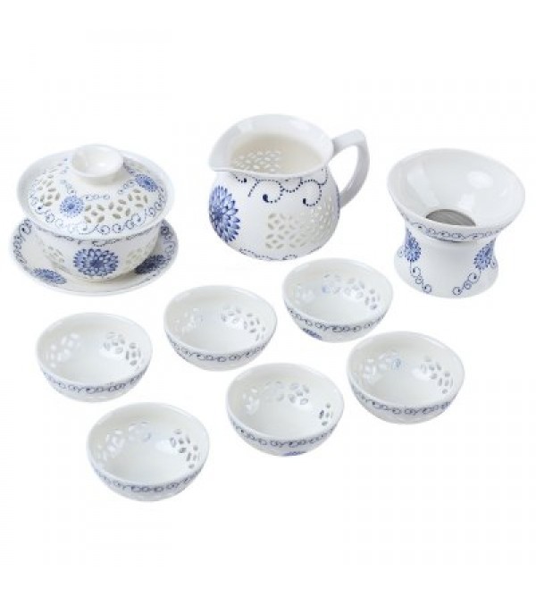 10pcs / Set Hollow Style Blue Sunflower Porcelain Tea Kit