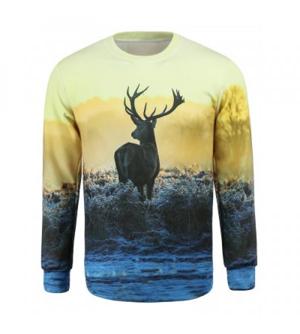 Round Collar Elk Printed Sweatshirt For Men