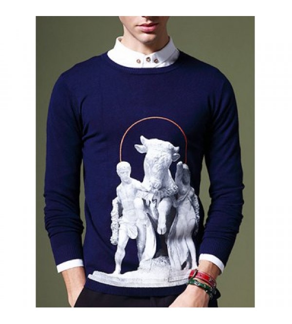 Fashion Round Neck 3D Statue Pattern Slimming Long Sleeves Sweater For Men