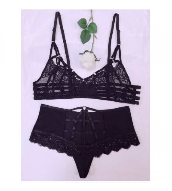 Alluring High Waisted Black Lace Bra Set For Women