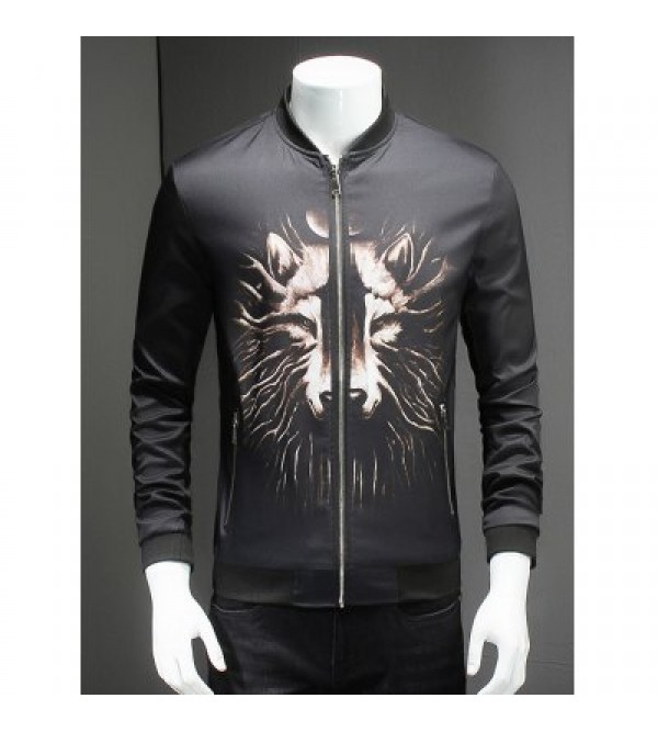 3D Wolf Print Ribbed Collar Long Sleeve Jacket For Men