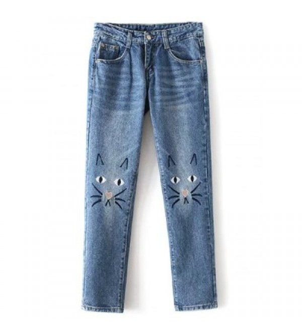 Cute Pockets Cartoon Cat Embroidered Jeans For Women