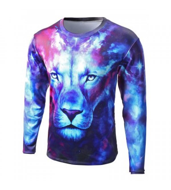 Round Neck Starry Sky 3D Lion Print Long Sleeve T-Shirt