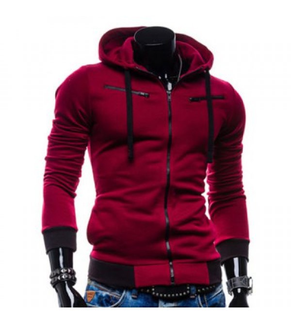  Drawstring Zippered Color Splicing Hoodie