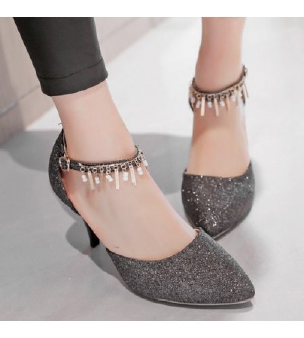 Two-Piece Pendant Sequined Pointed Toe Pumps