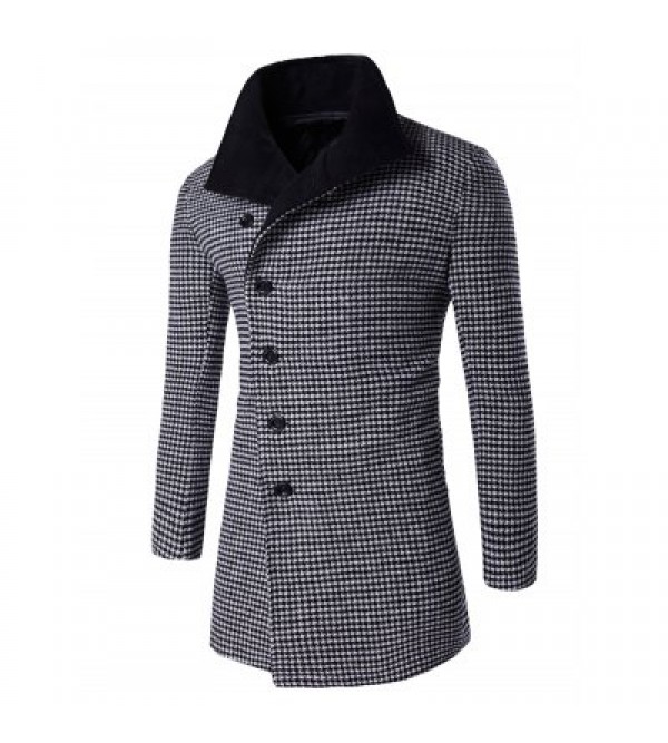 Single-Breasted Houndstooth Pattern Woolen Coat