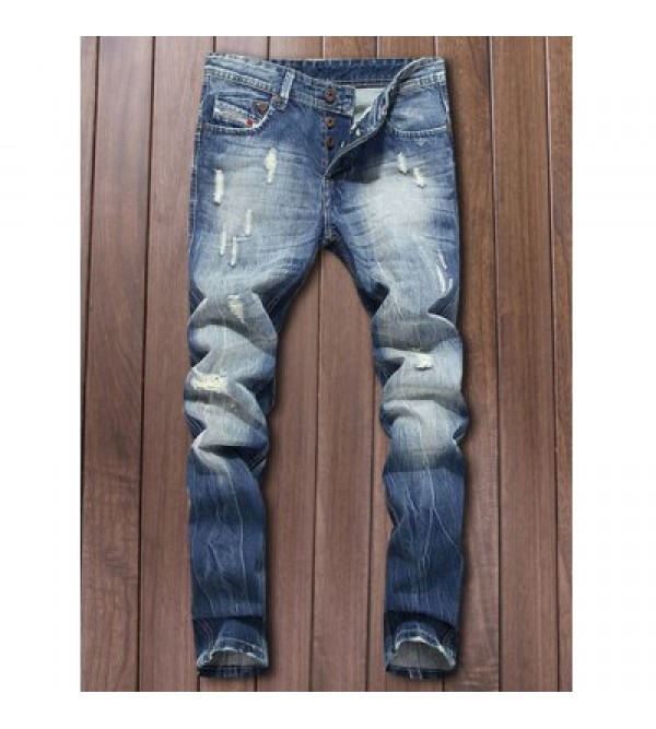 Button Fly Five-Pocket Narrow Feet Ripped Jeans