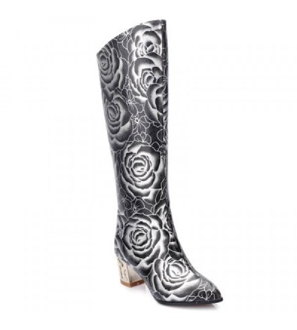 Pointed Toe Floral Print Chunky Heel Boots