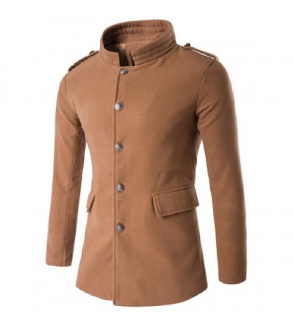 Plus Size Stand Collar Epaulet Single-Breasted Woolen Coat