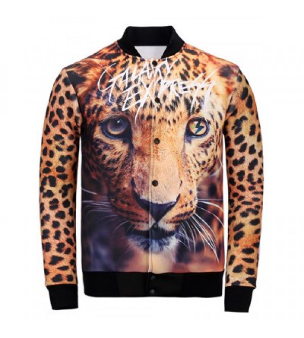 3D Leopard Printed Stand Collar Jacket