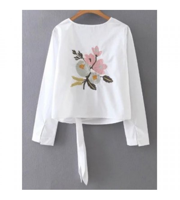 Floral Embroidery Tie Blouse