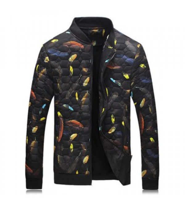 Geometric Pattern Feather Printed Quilted Jacket