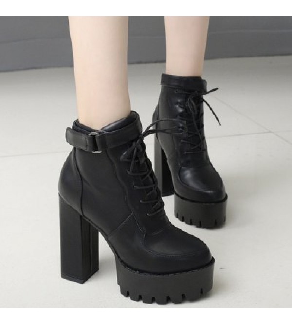 PU Leather Chunky Heel Platform Ankle Boots