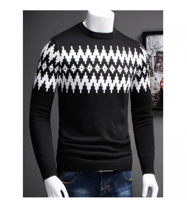 Plus Size Color Block Geometric Spliced Long Sleeve Sweater