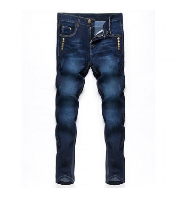 Button Embellished Zip Fly Jeans in Taper Fit