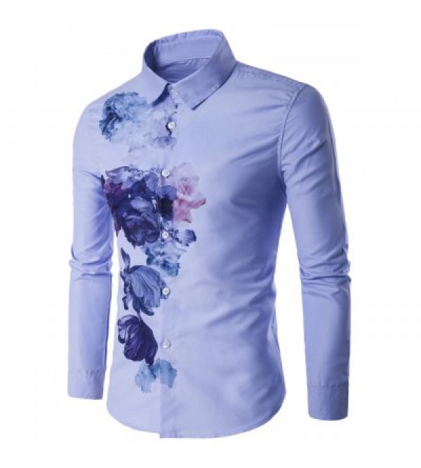 Turndown Collar Florals Wash Painting Print Long Sleeve Shirt