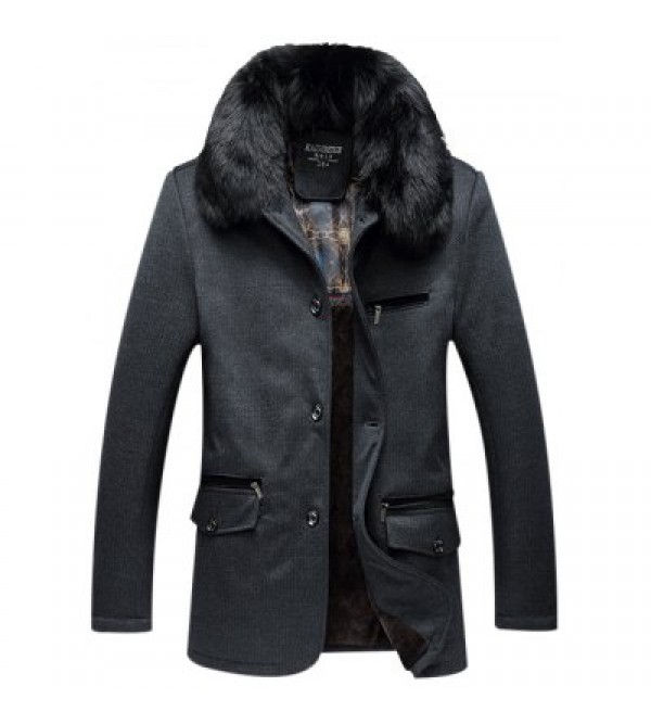 Detachable Faux Fur Collar Zippered Flocking Jacket
