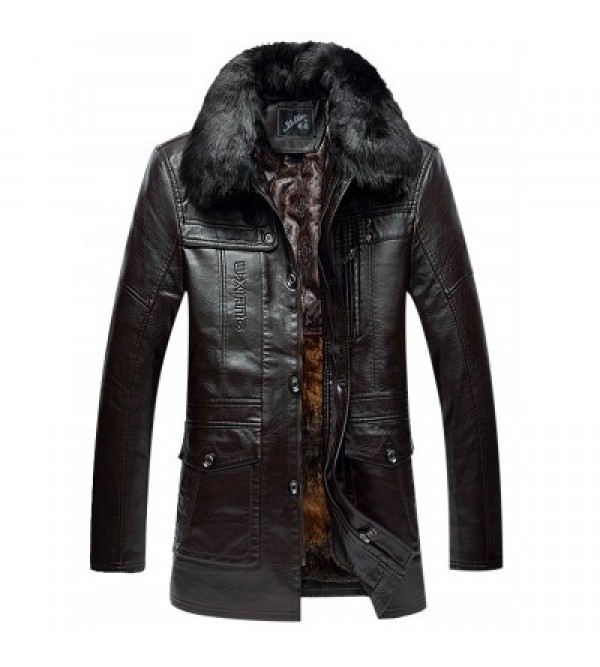 Zippered Faux Fur Collar Flocking PU Leather Coat