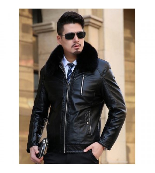 Detachable Faux Fur Collar Plus Size Flocking PU Leather Jacket