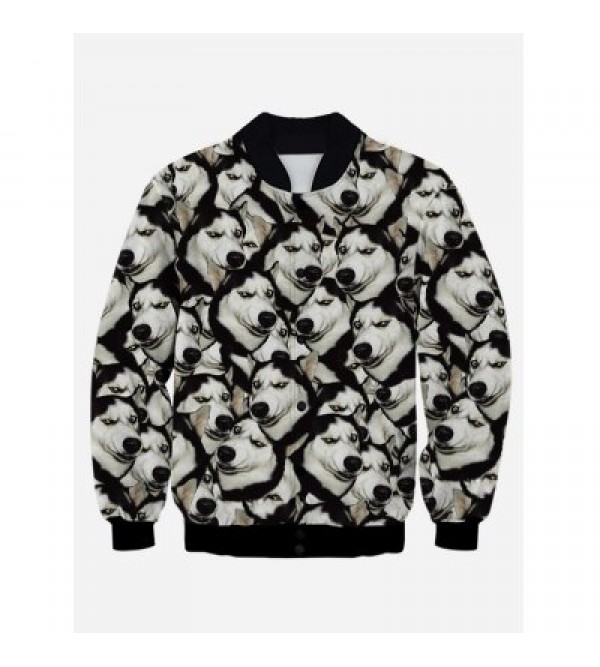 3D Animal Print Stand Collar Snap Front Jacket