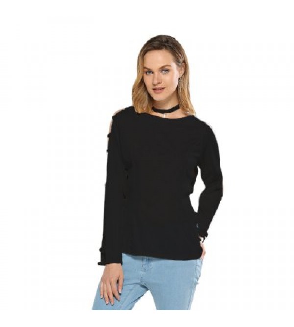 Hollow Sleeve Pure Color Women Knitted Blouse