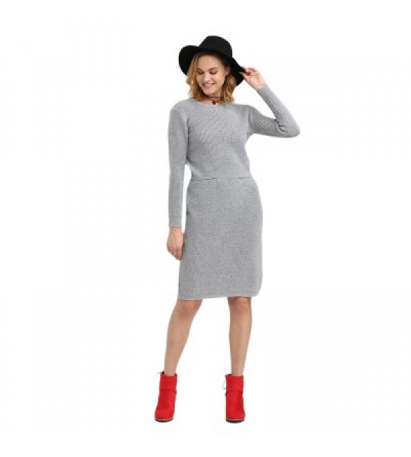 Fashion Round Collar Pure Color Knitted Women Twinset