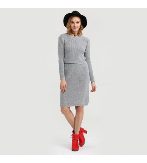 Fashion Round Collar Pure Color Knitted Women Twinset