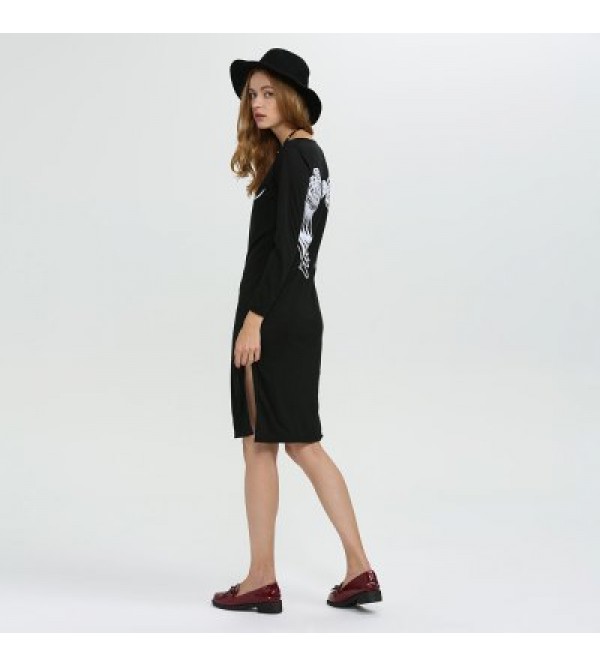 Round Collar Long Sleeve Print Slit Design Women Dress