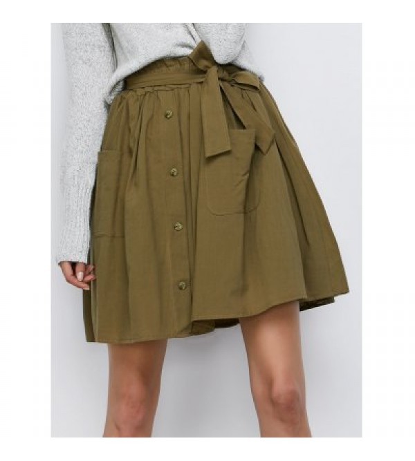 Button Up Belted Mini Skirt With Pockets