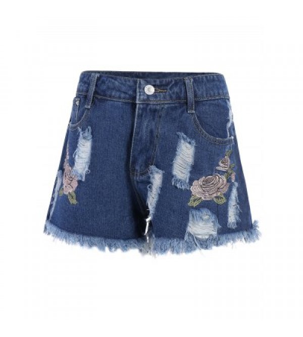 Floral Embroidered Frayed High Rise Shorts