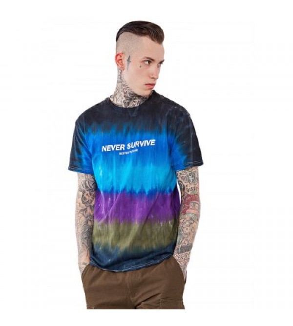Male Tie-dyed Letter Pattern Gradient-color Short Sleeve T-shirt