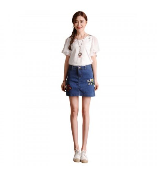 Female Slim Flower Pattern A-shaped Dress Leisure Jeans Skirt