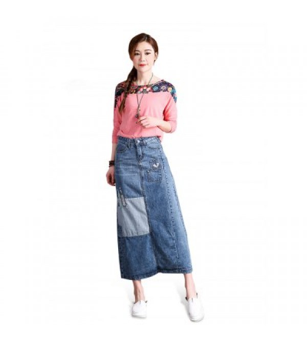 Female Patchwork Pattern Slim Long Dress Leisure Jeans Skirt