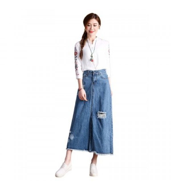 Female Slim Destroyed Long Dress Leisure A-shaped Jeans Skirt