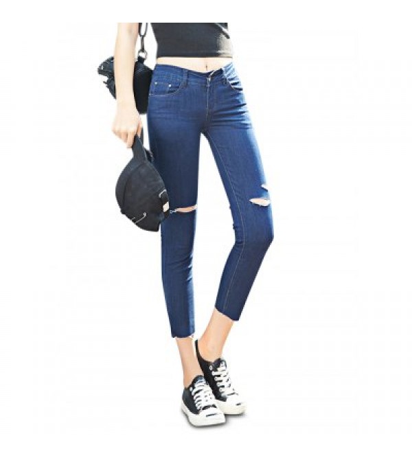 Female Close-fitting Ninth Destroyed Pants Leisure Petite Jeans