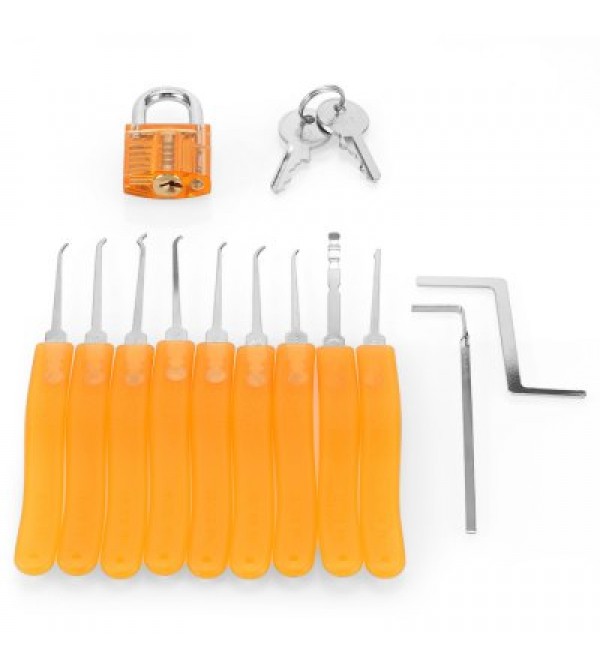 11PCS Stainless Steel Lock Pick tools with Orange Padlock